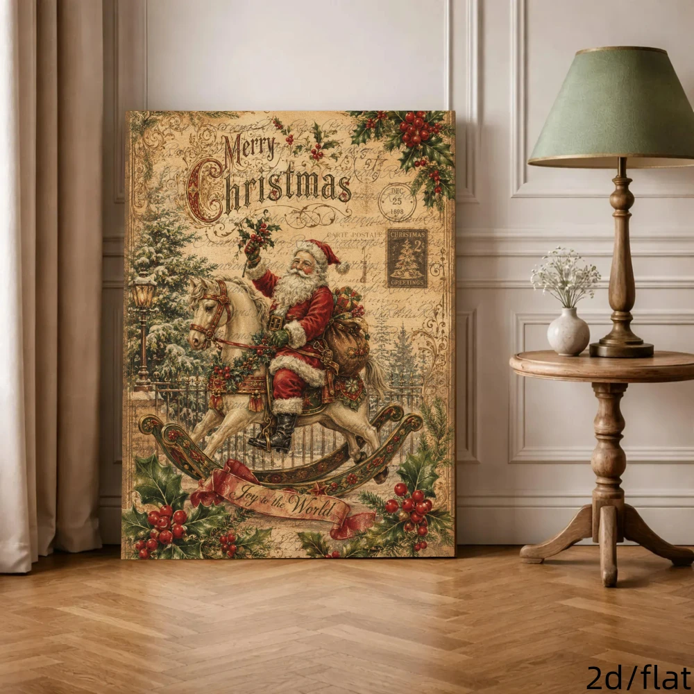 Framed Canvas Wall Art, Beige Vintage Oil‑Paint Style Santa Claus Riding Rocking Horse Print, Wall Decor for Living Room