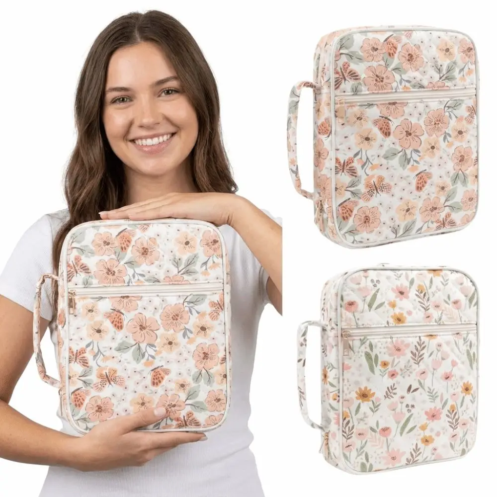 Dustproof Book Storage Bag Large Capacity Quilted Cotton Protective Pouch Floral Print Interior Organizer Pockets Book Pouch