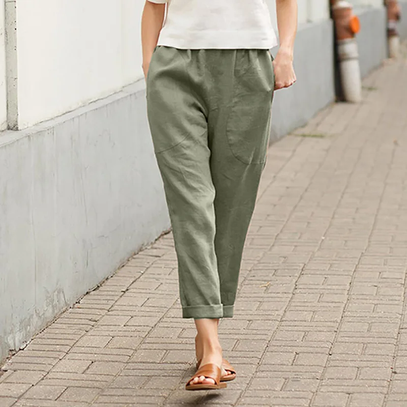 Damenhose aus Baumwolle und Leinen, einfarbig, atmungsaktiv, leicht, elastische Taille, modisch, schlichter Stil, lässige Hose mit geradem Bein – Detail 8