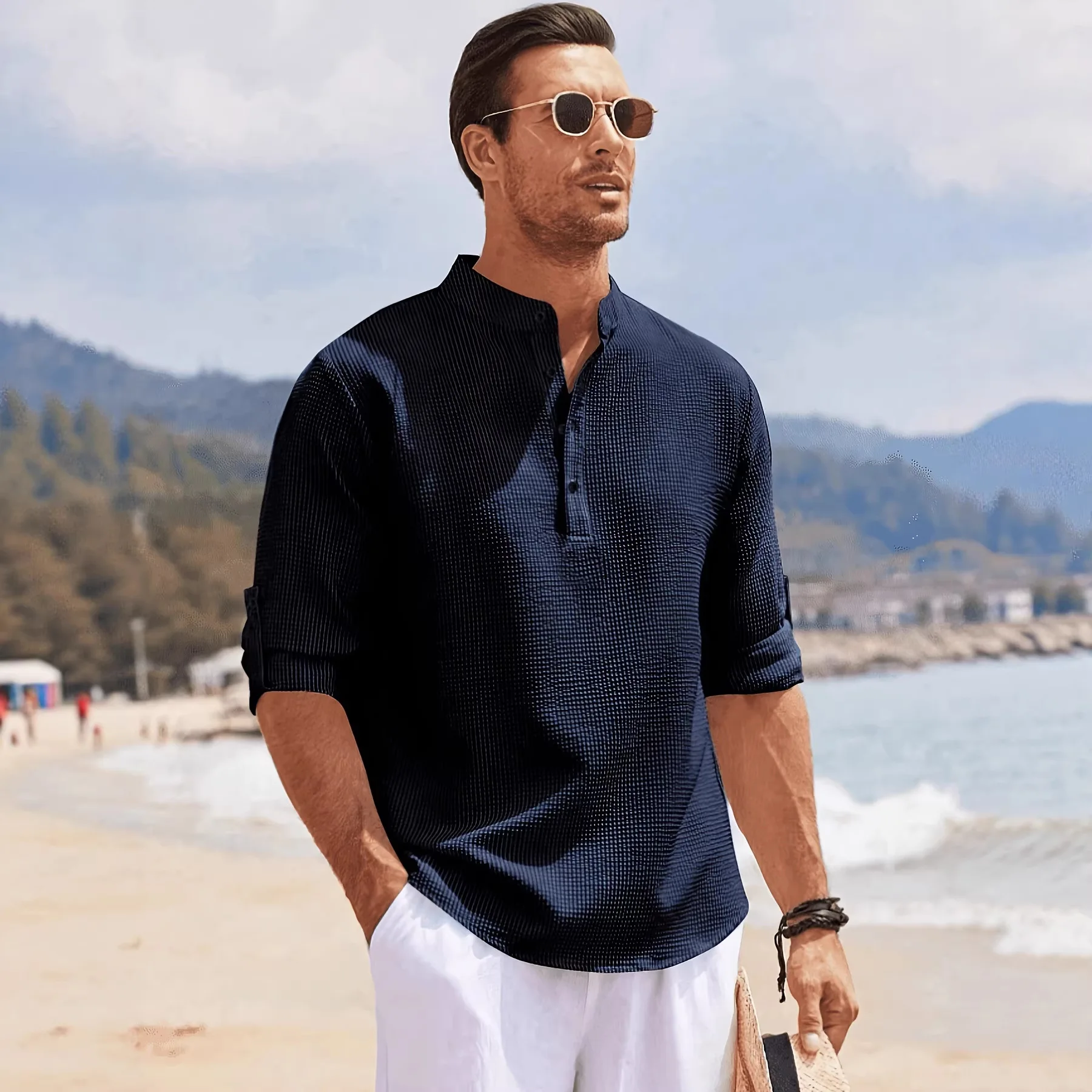 Men's Shirt Long Sleeve Stand-Up Collar Open Button Pineapple Plaid Shirt Men's Casual Shirt Top