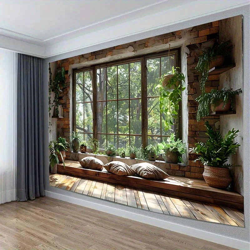 Rustic Window Tapestry - Soft Polyester Knit Wall Art with Free Hanging Kit, Perfect for Living Room & Office Decor