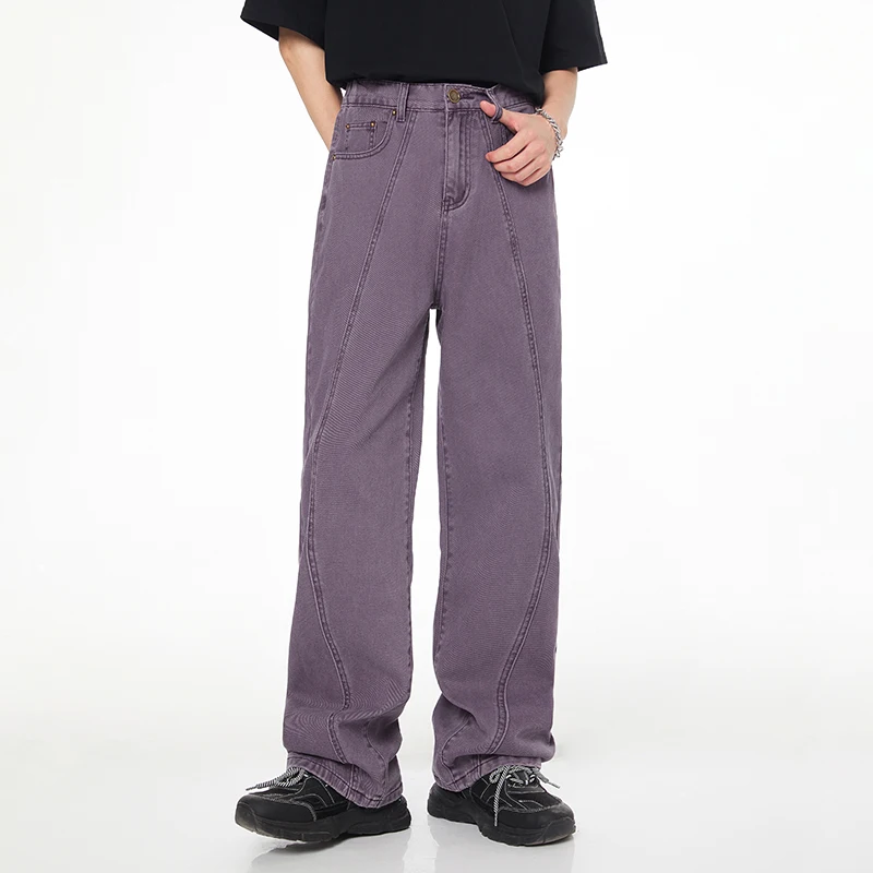 2024new purple loose jeans men's fashioninscasual all-match street fashion high-end washed wide-leg draggle-tail trousers