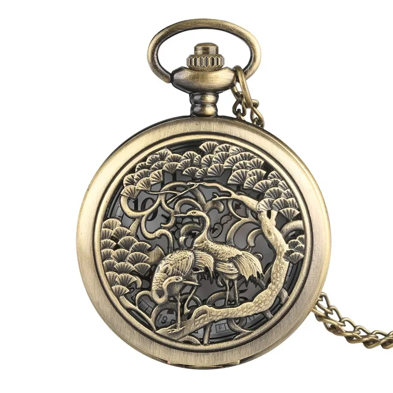 Vintage Hollow Crane Birds Pattern Men Women Quartz Analog Pocket Watch Arabic Number Dial Pendant Necklace Chain Gift Reloj