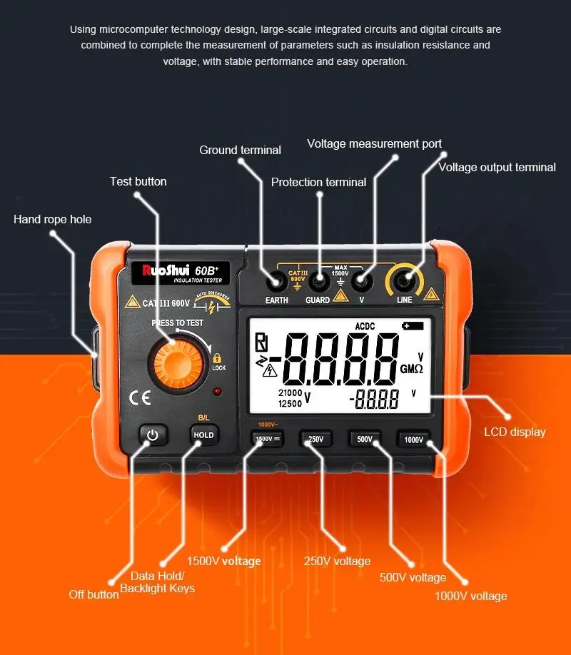 RuoShui 60B+ Digital Insulation Resistance Tester 1000V Test DC AC 2000m Ohm High Voltage Short Circuit Input Alarm VC60B