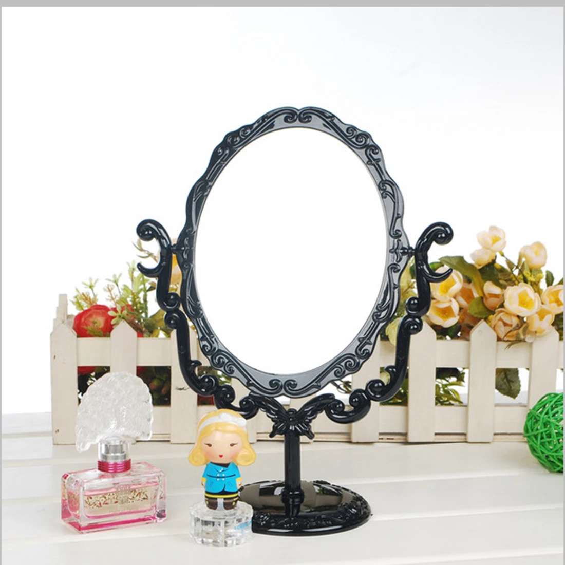 

GU214 Rotatable Makeup Mirror Desktop Table Gothic Vintage Cosmetic Makeup Mirror Rose One Side Mirror 360 Degree Rotating