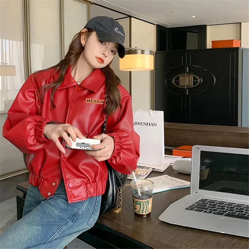 Y2K2024 Spring And Autumn Women\'S New Fashion Leisure Commuter High Street Red Coat Loose Motorcycle Leather