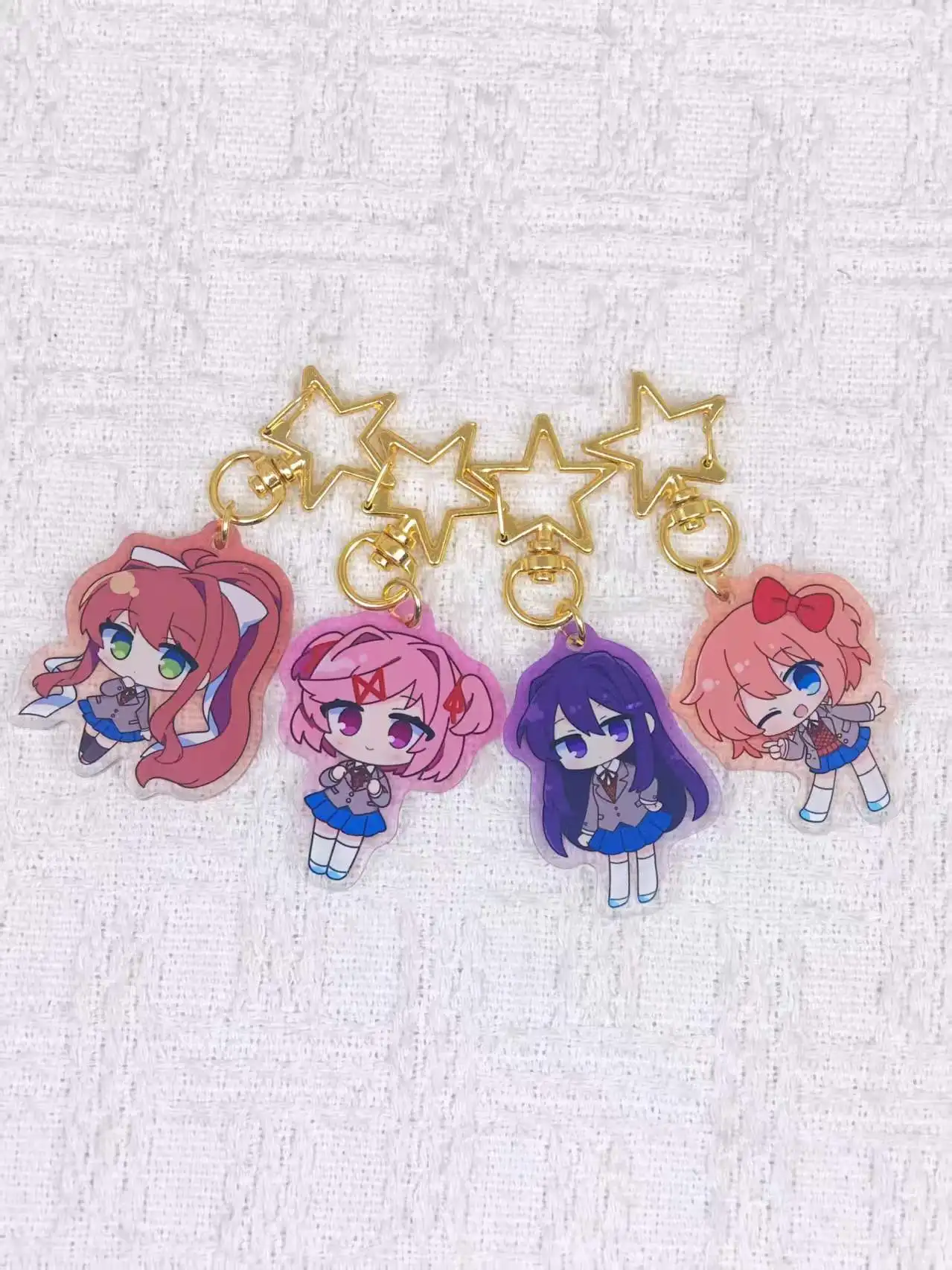 DDLC Chibi Acrylic Keychain Set, Cute Doki Doki Literature Club Anime Gold Star Clasp Key Ring Bag Charm, Fan Collectible Gift