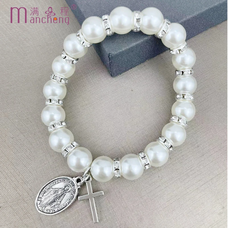 official-website cheap stuff under 30 cents Pearl Cross Jesus Pendant bracelet rosary Prayer beads conjuntos femininos elegante