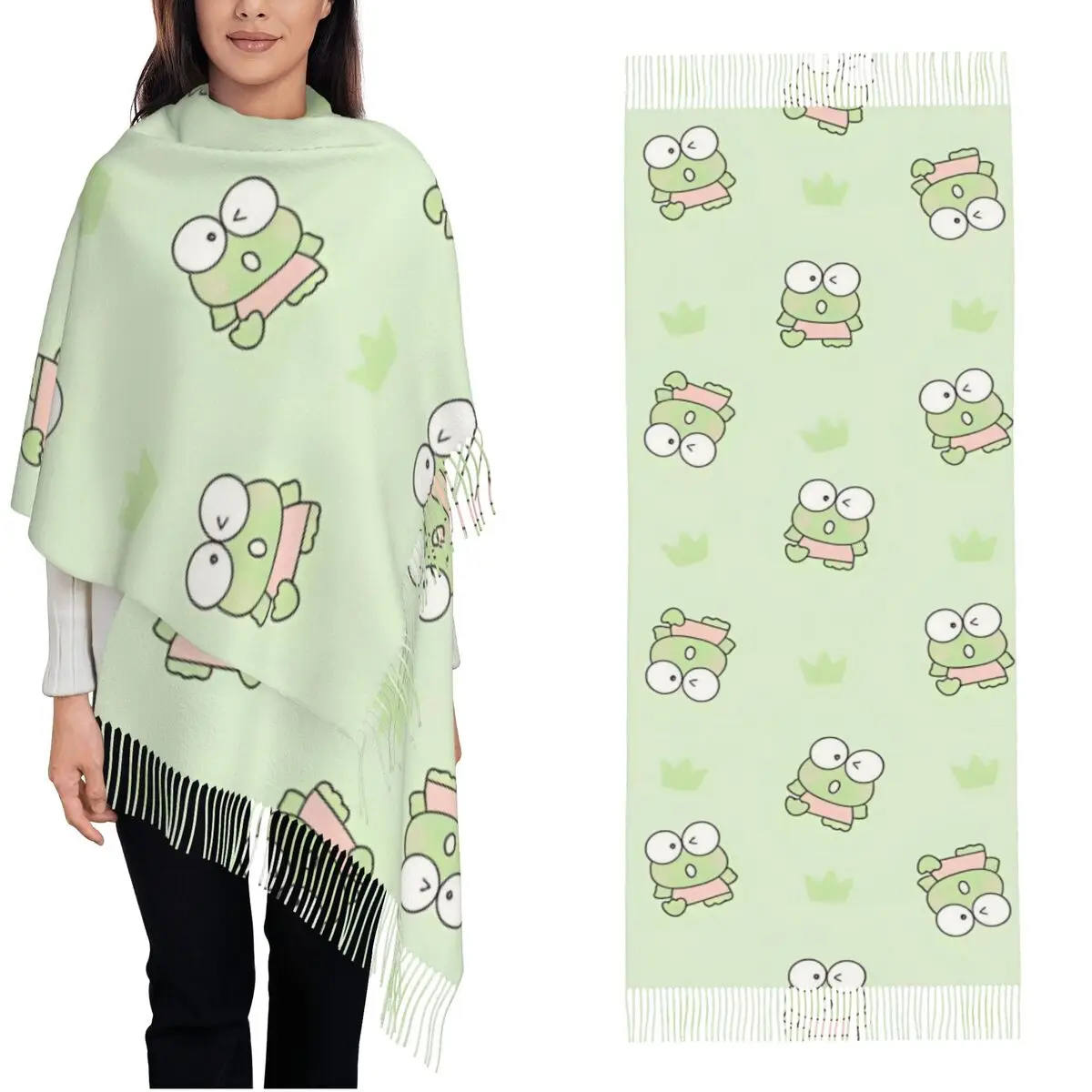 Sanrio Keroppi Frog Shawl Wrap for Women Winter Large Soft Scarf Cartoon Neckerchief Tassel Scarves