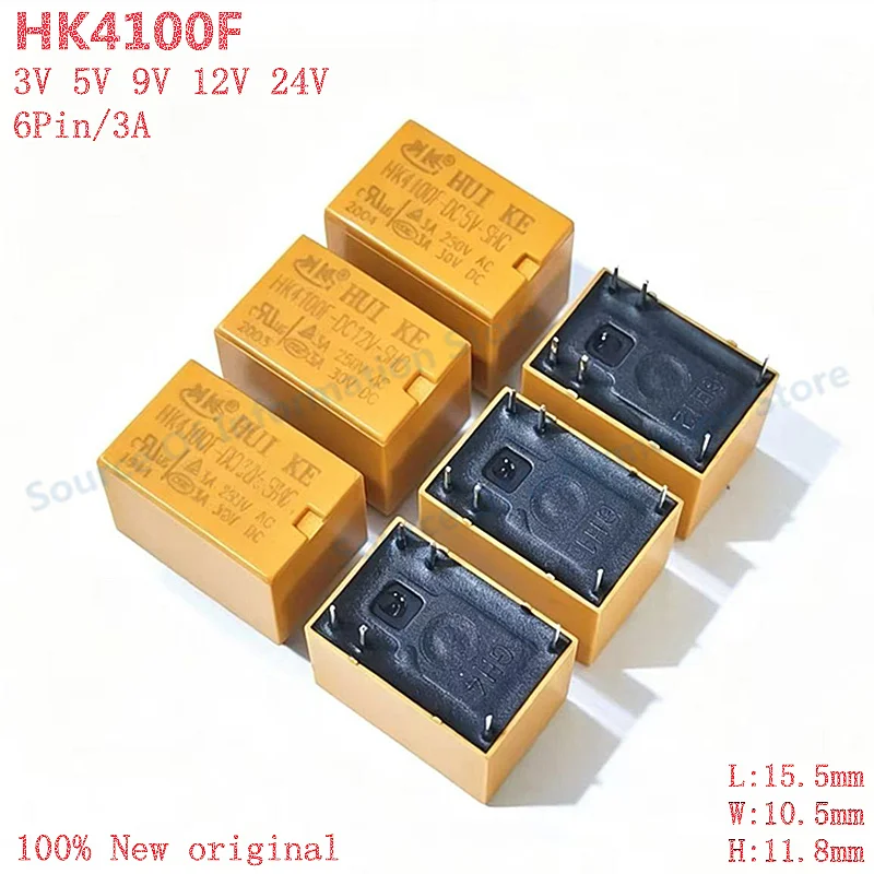 20Pcs Original HUIKE HK4100F-DC3V/5V/9V/12V/24V-SHG Small Signal Relay 3A 250VAC 6 Pin Through Hole Electronic Relay
