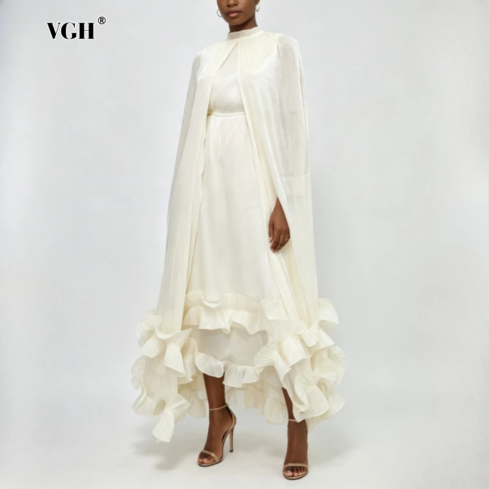 

VGH Apricot Loose Spliced Fungus Chic Dresses for Women Stand Collar Sleeveless Luxury Minimalist Dress Female Summer Fashion