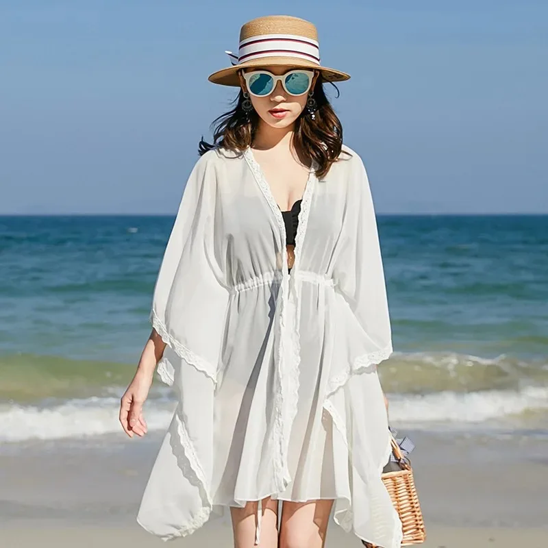 Cardigan in pizzo bianco per le vacanze al mare, protezione solare in chiffon da spiaggia, con cappuccio, scialle allentato per aria condizionata, copricostume estivo
