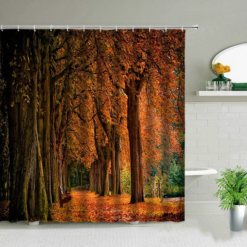 Autumn Forest Scenery Shower Curtain Set Trees Sunlight Bathroom Curtains Waterproof Fabric Bathtub Home Decor Screen With Hooks