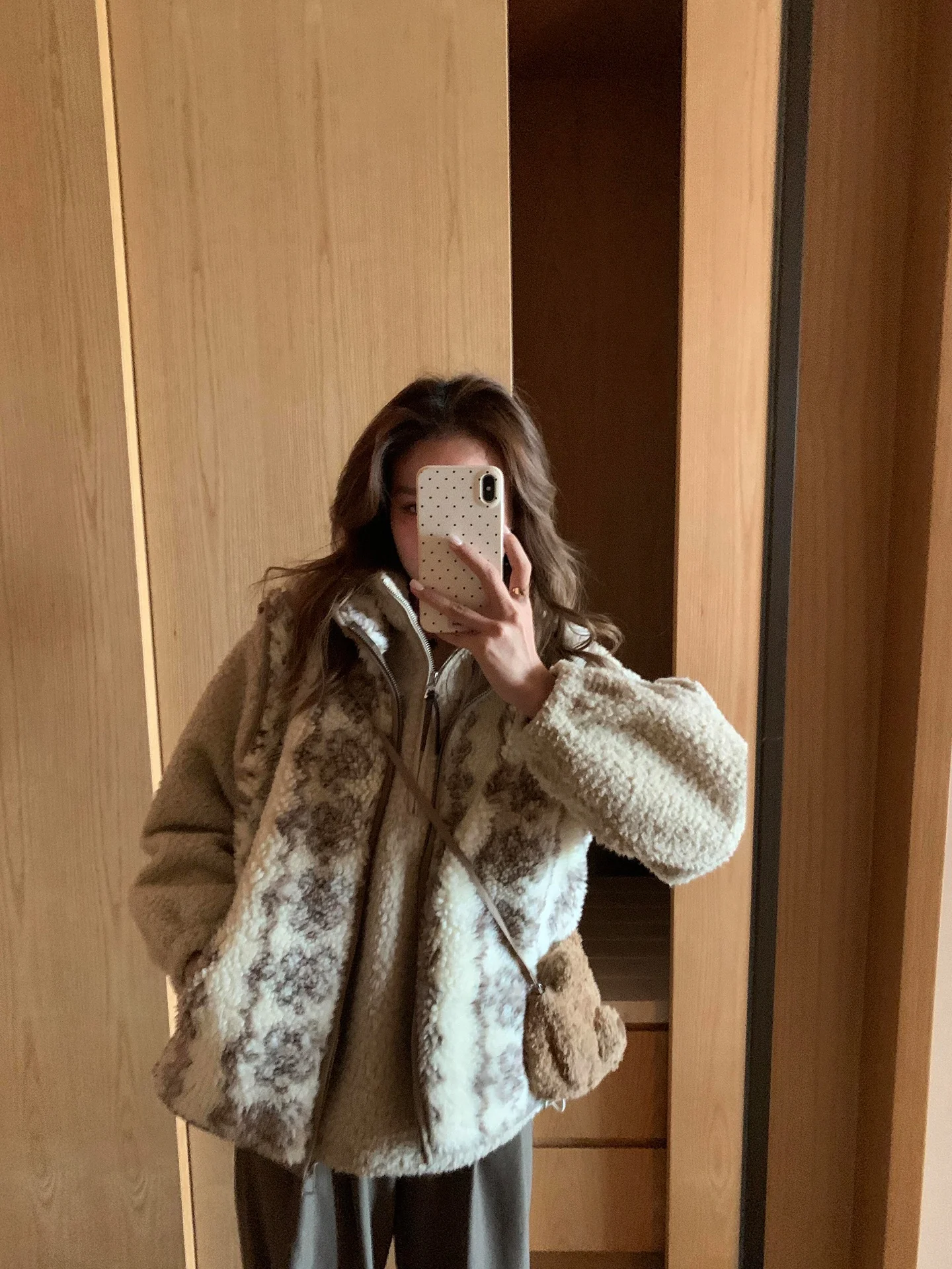 

Retro Lazy Sle Stand Collar Vest Faux eepskin Plu Jaet Layering Fair Isle Zipper Women's Stand Fit ort Coat