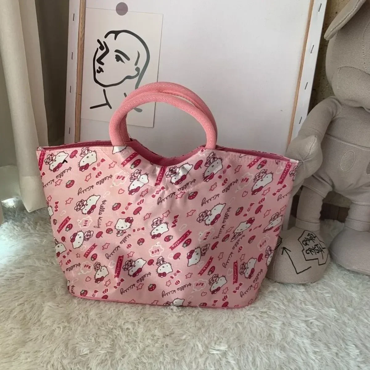 Hello Kitty Tote Bag Miniso Pink Cartoon Print Zipper Portable Shoulder Bag Versatile Large Capacity Travel Makeup Storage Bags