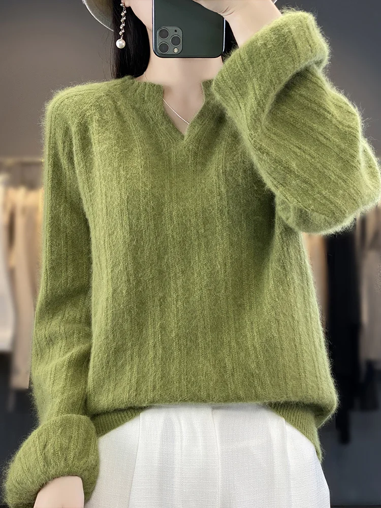 100% Mink Cashmere Sweater Women's V-Neck Pullover Autumn Winter Knitwear Basic Loose Puff Sleeve Fashion Casual Clothing Tops