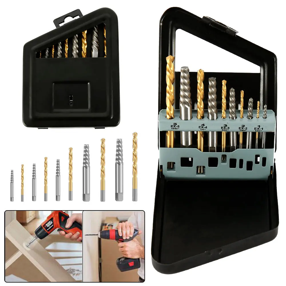 

10Pcs Damaged Screw Extractor Set Multiple Size Screw Remover Tool Kit Stripped Bolt Extractor Kit for Damaged Broken Frozen