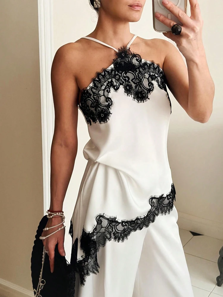 2026 Summer New Arrival: Women's Casual and Elegant Lace-Panel Satin Halter Top with Asymmetrical Hem