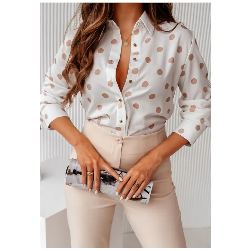

Women Spring Elegant Turn Down Colar Blouse Vintage Popular Printing Slim Shirts Autumn Office Ladies Fashion Long Sleeve Tops