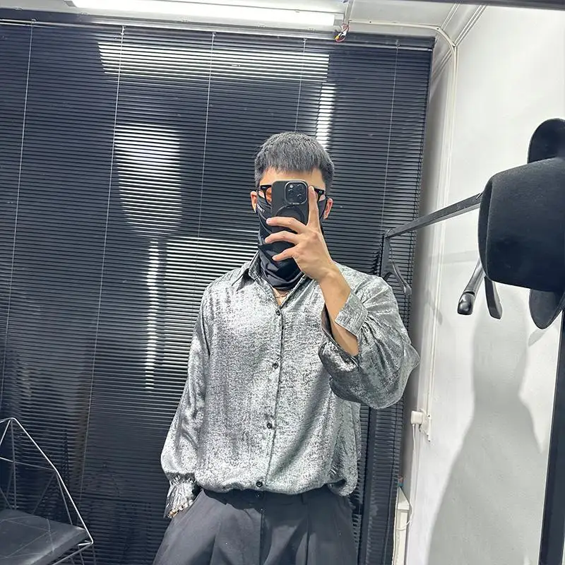 Silver Personality Color Reflective Ruffle Handsome Non-Ironing Draping Shirt Men's Fashionable Sequin Avant-Garde Loose