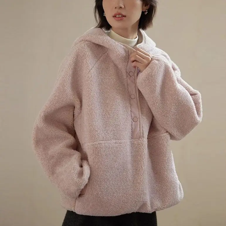 

Флисовая толстовка без шапки, женская зимняя термобелье средней длины, свободная элегантная женская офисная повседневная одежда Sudadera с рисунком абрикосового цвета