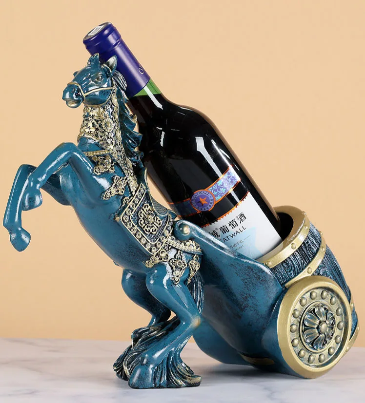 Estante para vinos Blue Horse, soporte independiente para botellas de vino, estatua dorada, expositor de vinos para amantes del vino, decoración para restaurantes