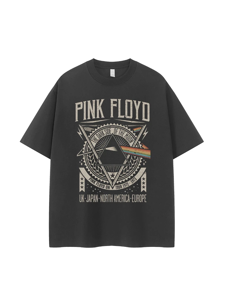 Retro American Street Style Vintage Loose Fit Cotton round Neck Short Sleeve T-Shirt Black Rock Band Casual Urban Fashion