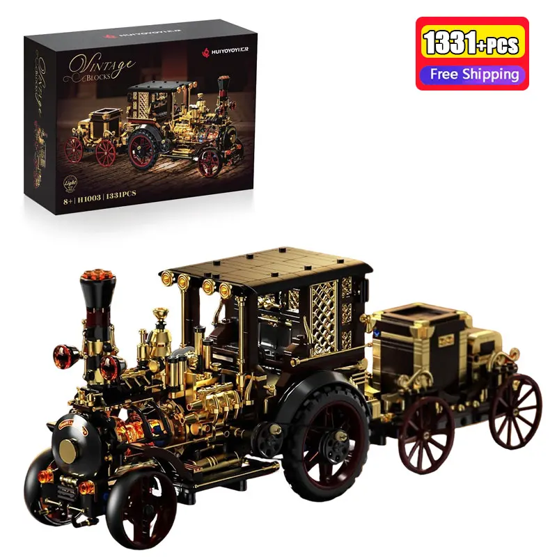 Retro Steam Car Building Blocks 1331PCS Classic Vintage Vehicle Model With Light Effect Art Display Bricks Toy For Gift New