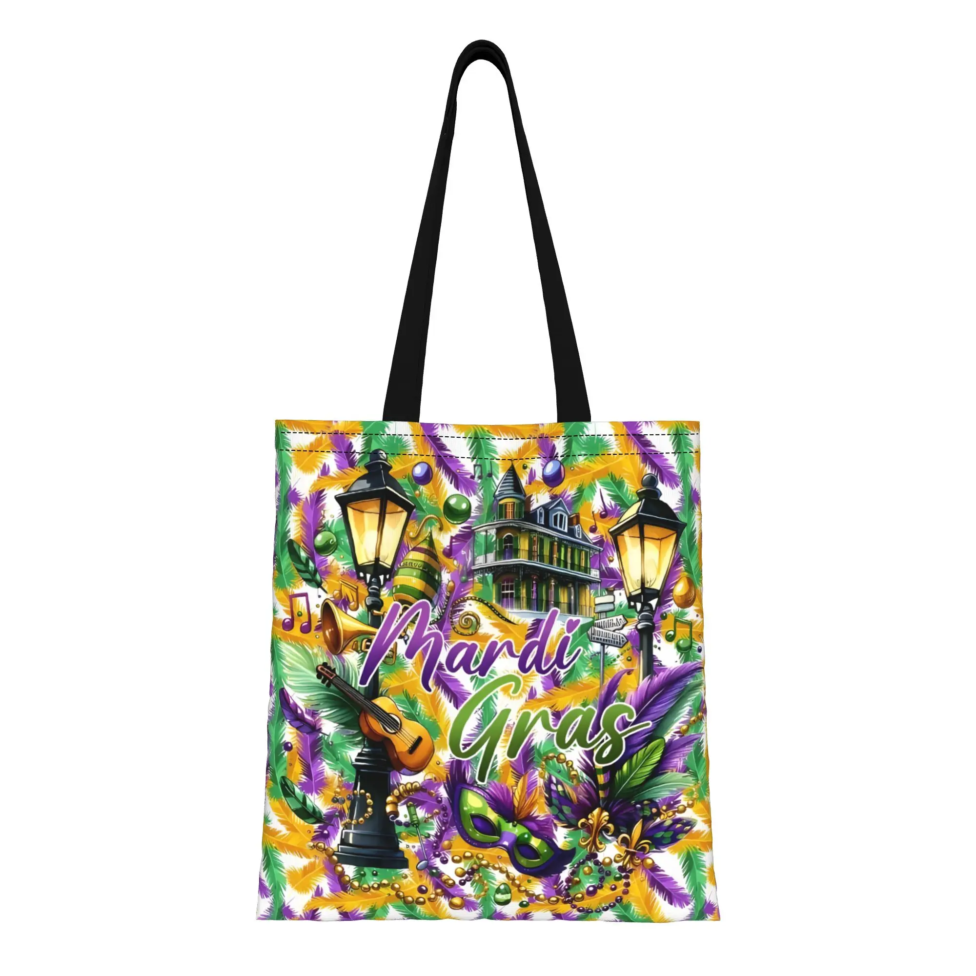 Bolsa de Lona Plegable de Gran Capacidad con Diseño Chic de Plumas Moradas, Verdes y Doradas para Celebraciones de Mardi Gras, Sin Cierre