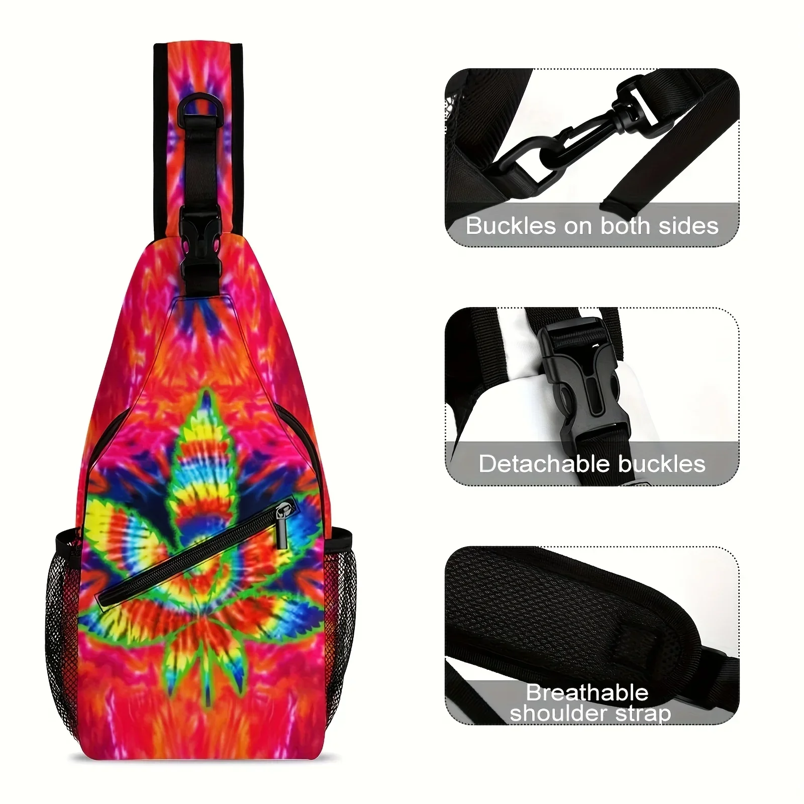 Custom Men's Red Tie-Dye Leaf Print Large Crossbody Chest Bag with Safety Zipper - Durable Fabric, Mesh Side Pockets  Adjustable