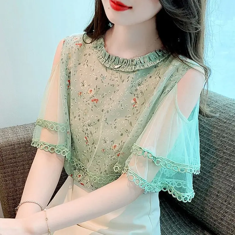 

Women Clothing Summer Fashion Simplicity Floral Patchwork Contrasting Colors O-neck Ladies Printing Lace Ruffles Short Sleeve T