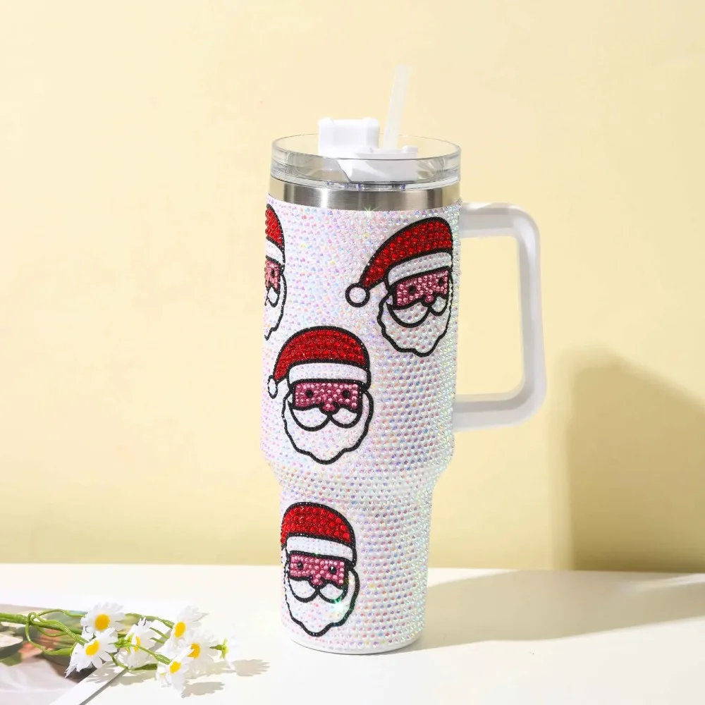 

Christmas Tumbler with Rhinestones Santa Claus Gifts for Women Xmas Stainless Steel Insulated Travel Coffee Cup Handle & Straw