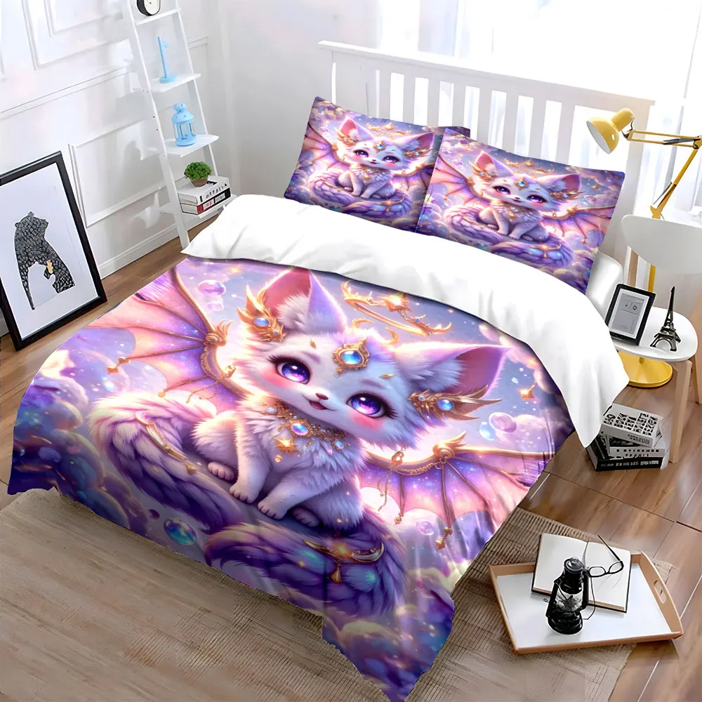Dreamy Purple Winged Fox-Fairy Bedding Set for Kids Luxury Gift 3pcs Digital Print Comforter Set Soft Comfortable Breathable