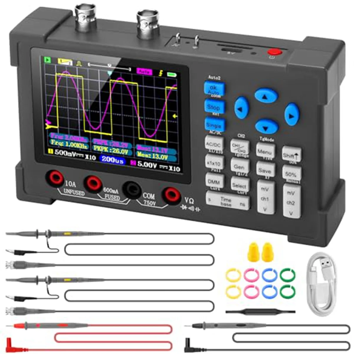 3-In-1 Portable 2-Channel Handheld Oscilloscope 120MHz Bandwidth 500MSa/S+Digital Multimeter Tester Auto Range