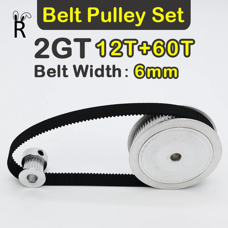 

5:1 Reduction 12T 60T 2GT Timing Belt Pulley Set Belt Width 6mm 3D Printer Pulley Kit 12Teeth 60Teeth Synchronous Wheels Set GT2