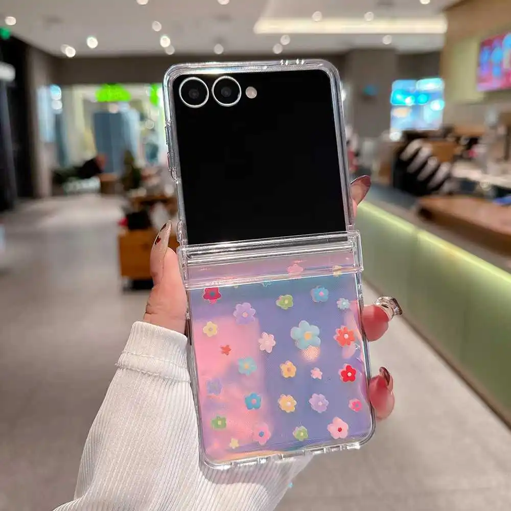 لسامسونج ZFlip 7 fe 6 5 حالة الصيف زهرة الفراولة الحب قوس قزح الديكور طوي غطاء الهاتف مع حبة ملونة الحبل #5
