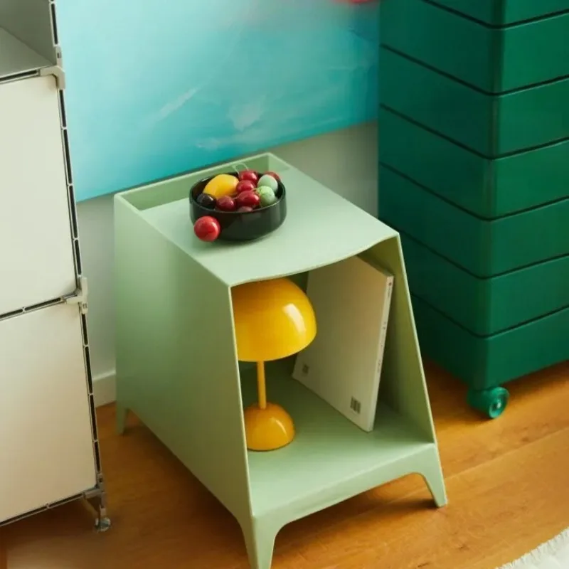Mid-Century Modern Side Table, Plastic Bedside Table with Cable Port, Portable Sofa End Table & Nightstand with Storage