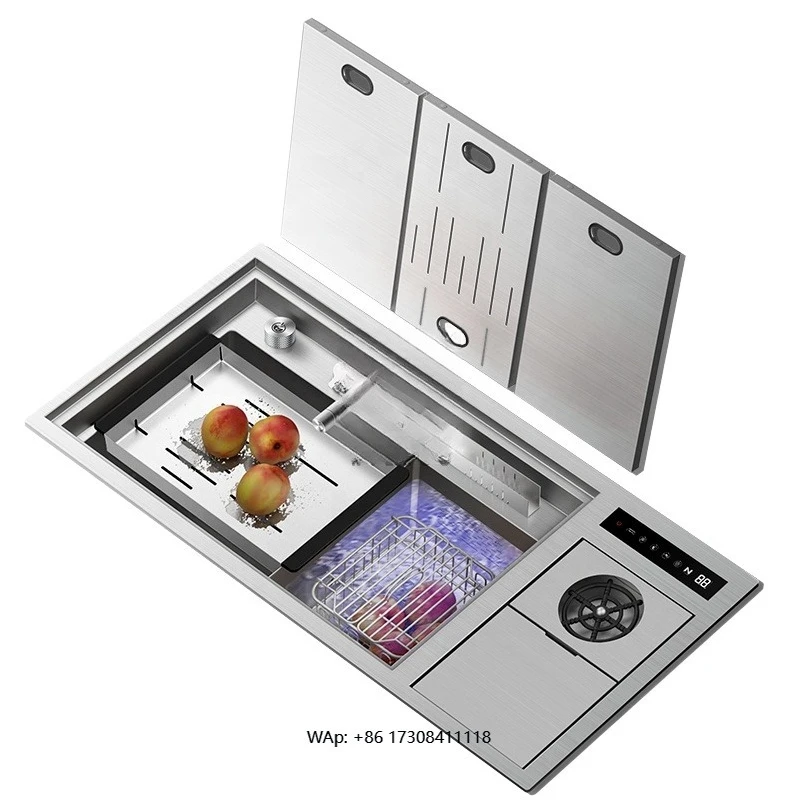 Modern Handmade 304 Stainless Steel Kitchen Workstation Sink with Waterfall Faucet Nano Surface Double Square Bowl Three Hole