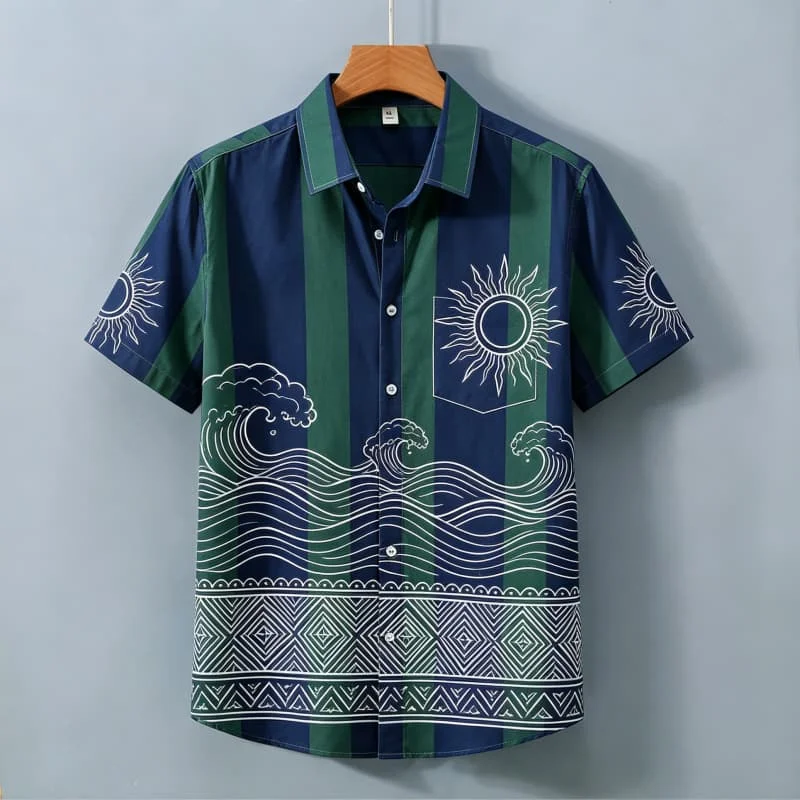 Men's Tribal Geometric Printed Short Sleeved Shirt With pockets, Simple And Fun style, For Summer Leisure And Outdoor Travel