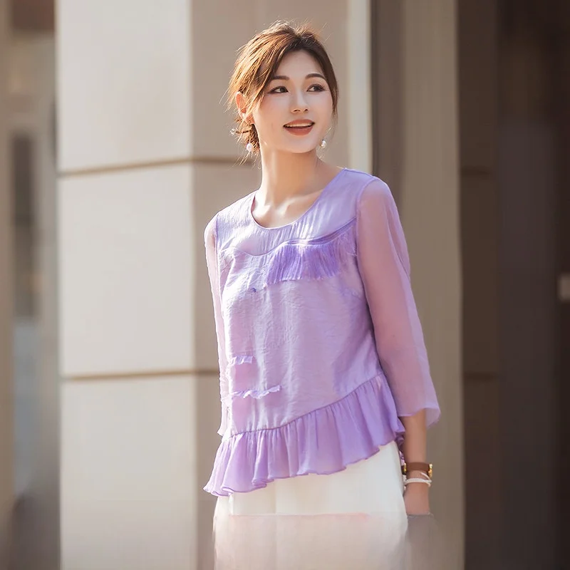 

Elegant Embroidered Tassel Silk Shirt Women's New Autumn 2025 a Life on the Left Loose Fit round Neck Short Sleeve Casual Shirt