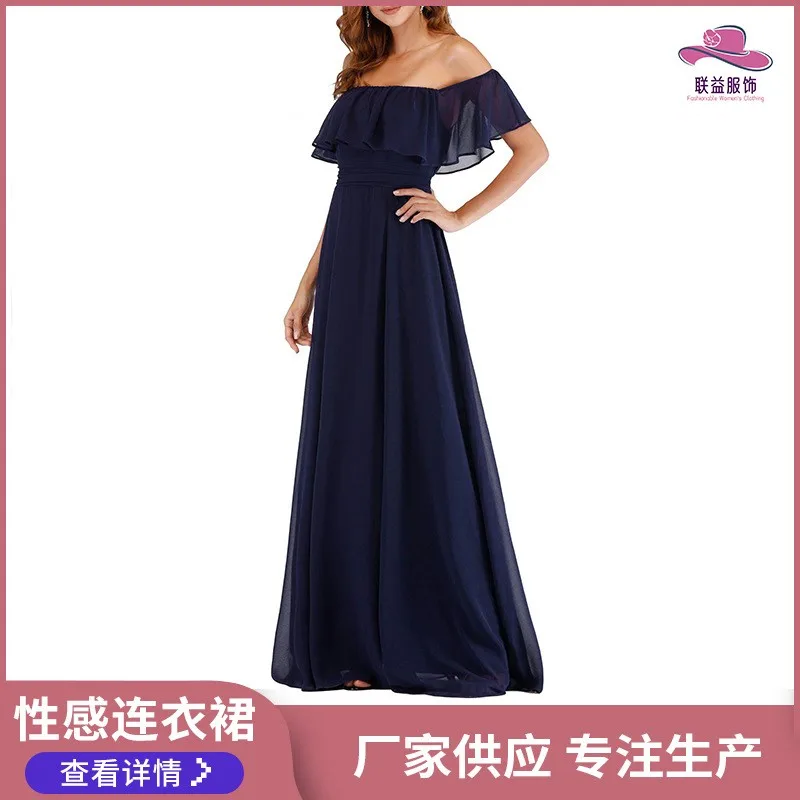 Prom Dress Women Party Long Wedding Guest Chiffon Off Shoulder High Waist Slit Maxi Dress Floor Length Wrap Waist Evening Gown