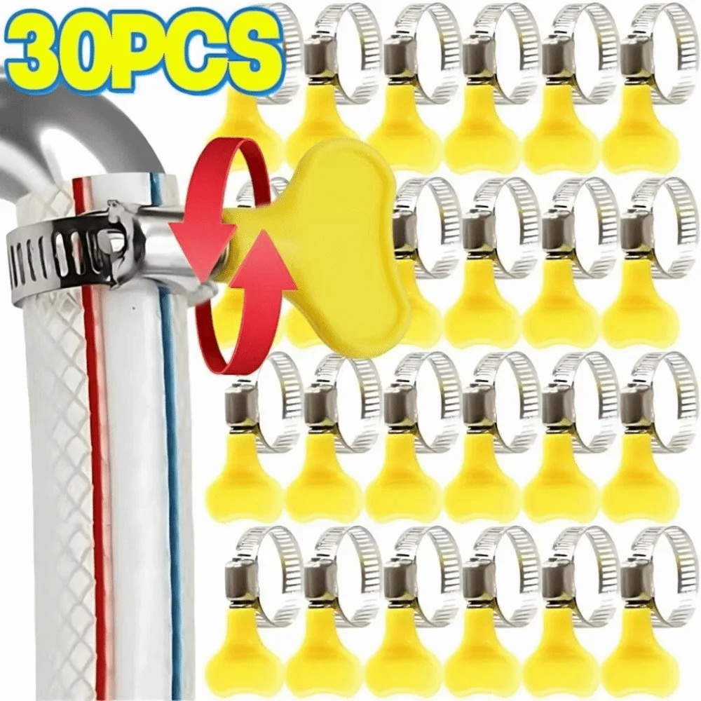 

30pcs Yellow Plastic Handle Stainless Steel Hose Clamps Hand Twist Design Stainless Steel Screw Band T Bolt Pipe Clamp