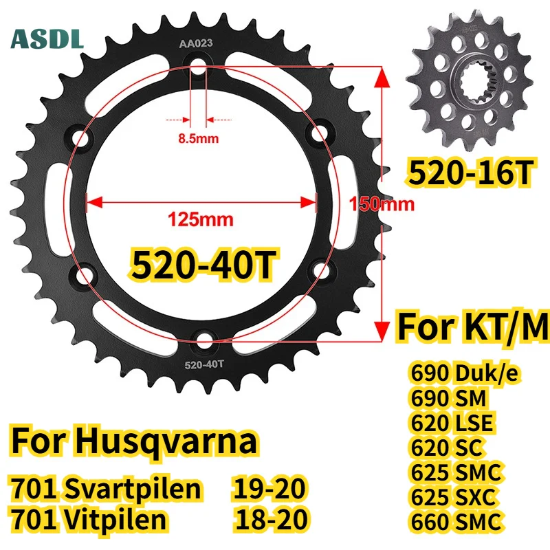 520 16T 40T Moto Front Rear Sprocket Gear Wheels Cam Pinion For KT/M 690 Duk/e 690SM 620SC 625 660 SMC SXC For Husqvarna 701