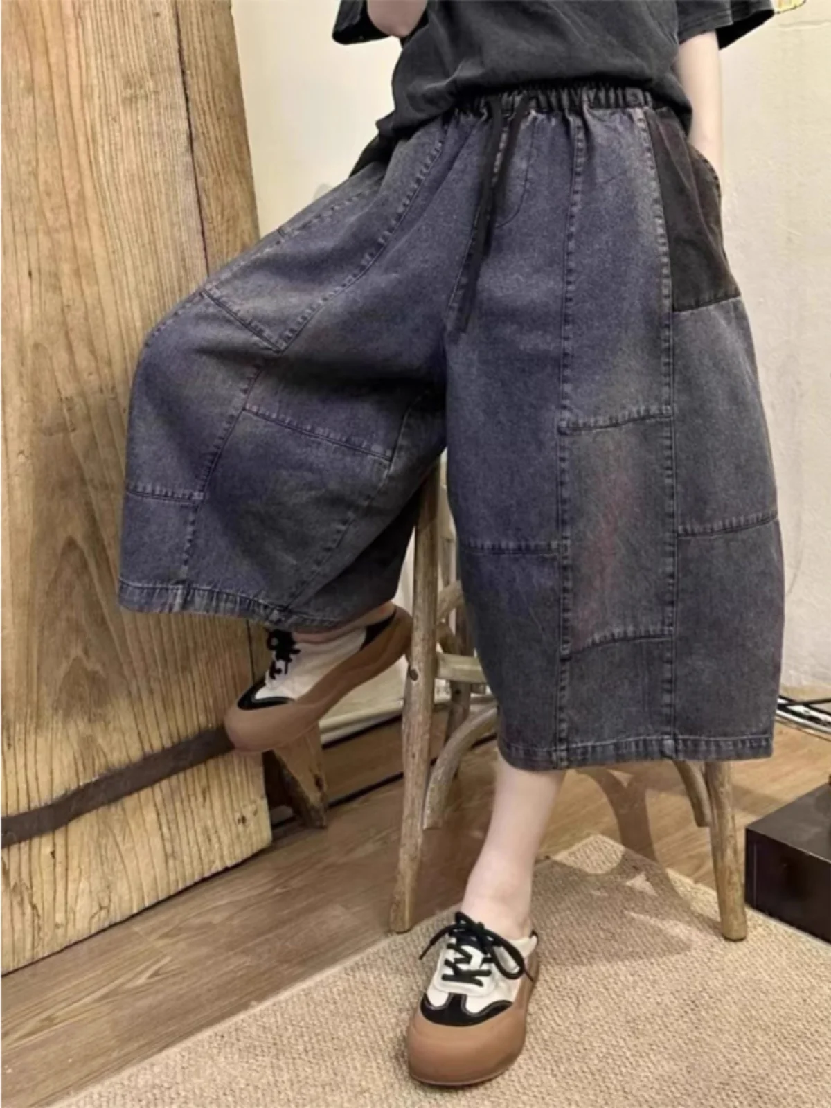 Retro Sle Casual kleur Blo Distred Denim Jeans Hoge taille Wijde pijpen Zeven voet broek Afslankeffect het hele seizoen