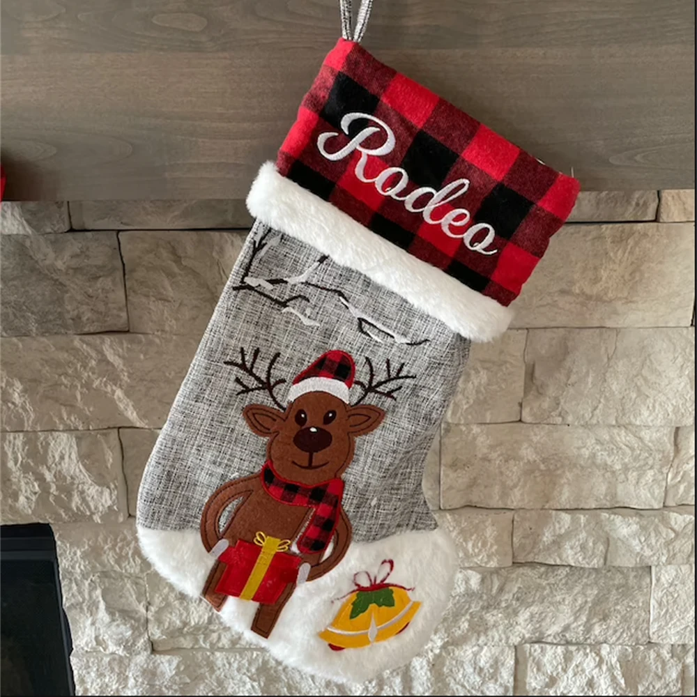

Custom Embroidered Name Christmas Socks Children's Gift Candy Bag Happy New Year Decorative Stockings Personalized Plaid Socks