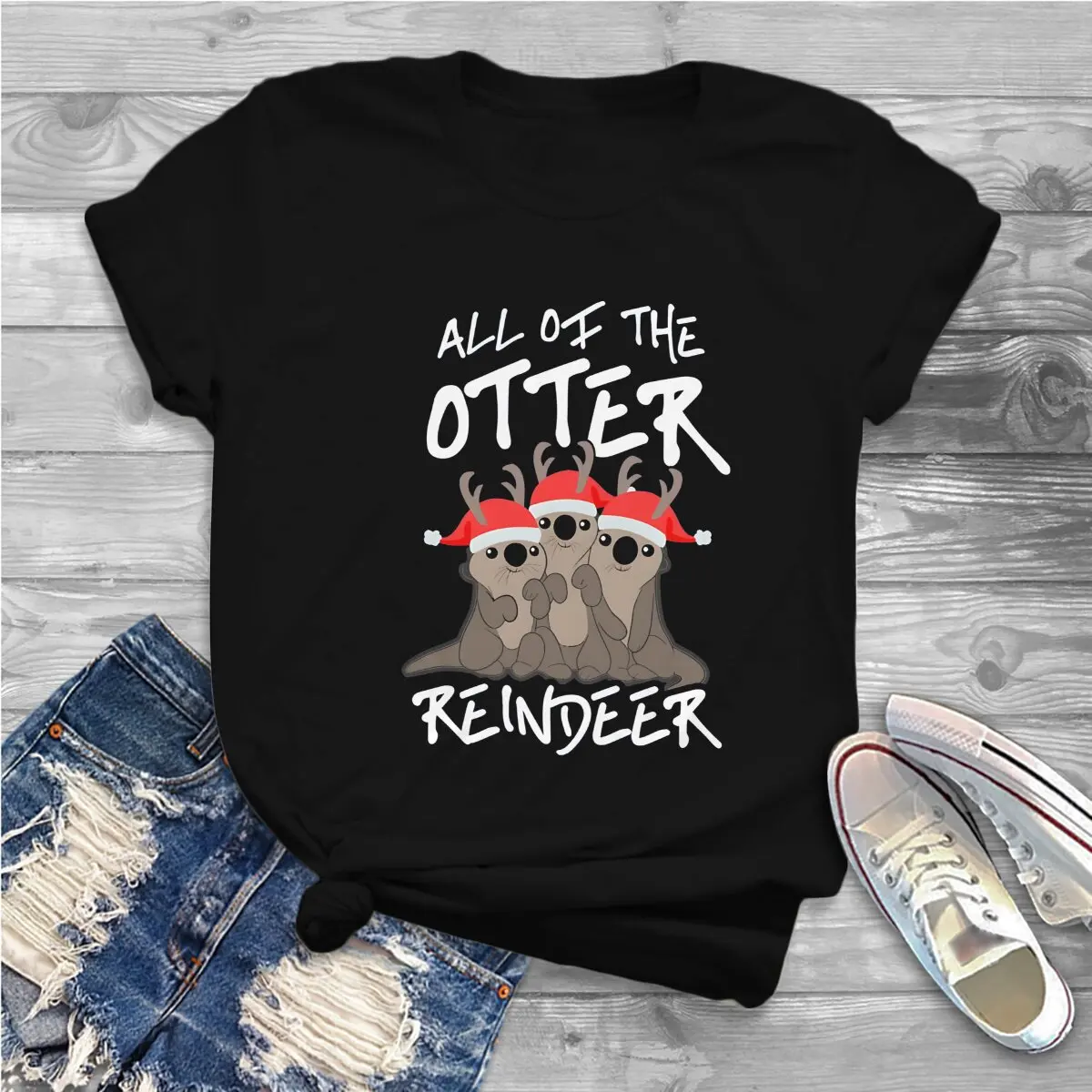 All Of The Otter Reindeer Harajuku Polyester TShirt Otter Printing Streetwear Leisure T Shirt Women