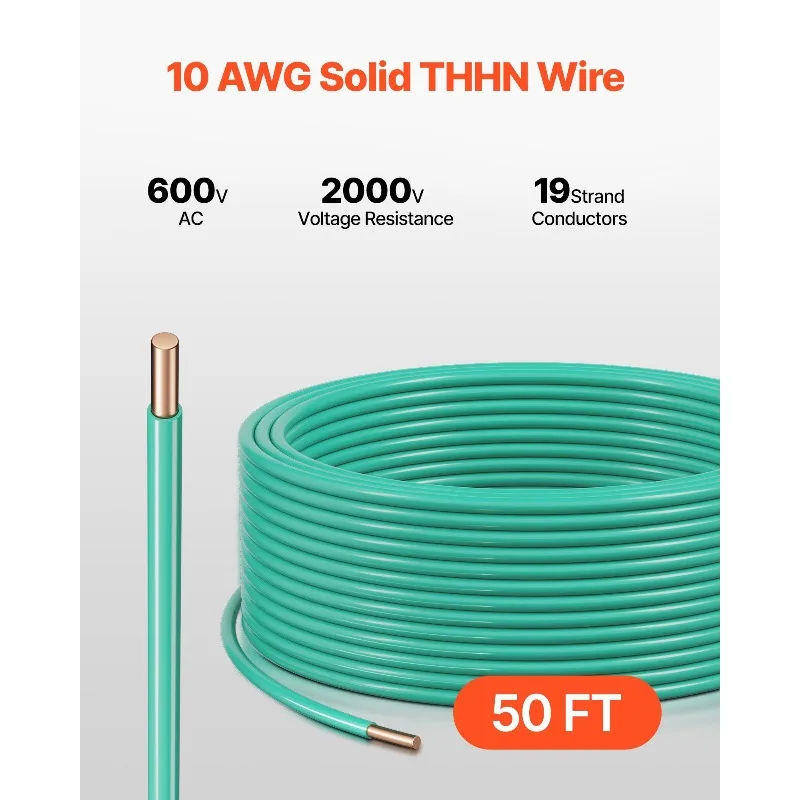 Cavo THHN solido calibro 10, filo da costruzione elettrico in rame verde, nylon PVC, 50 piedi