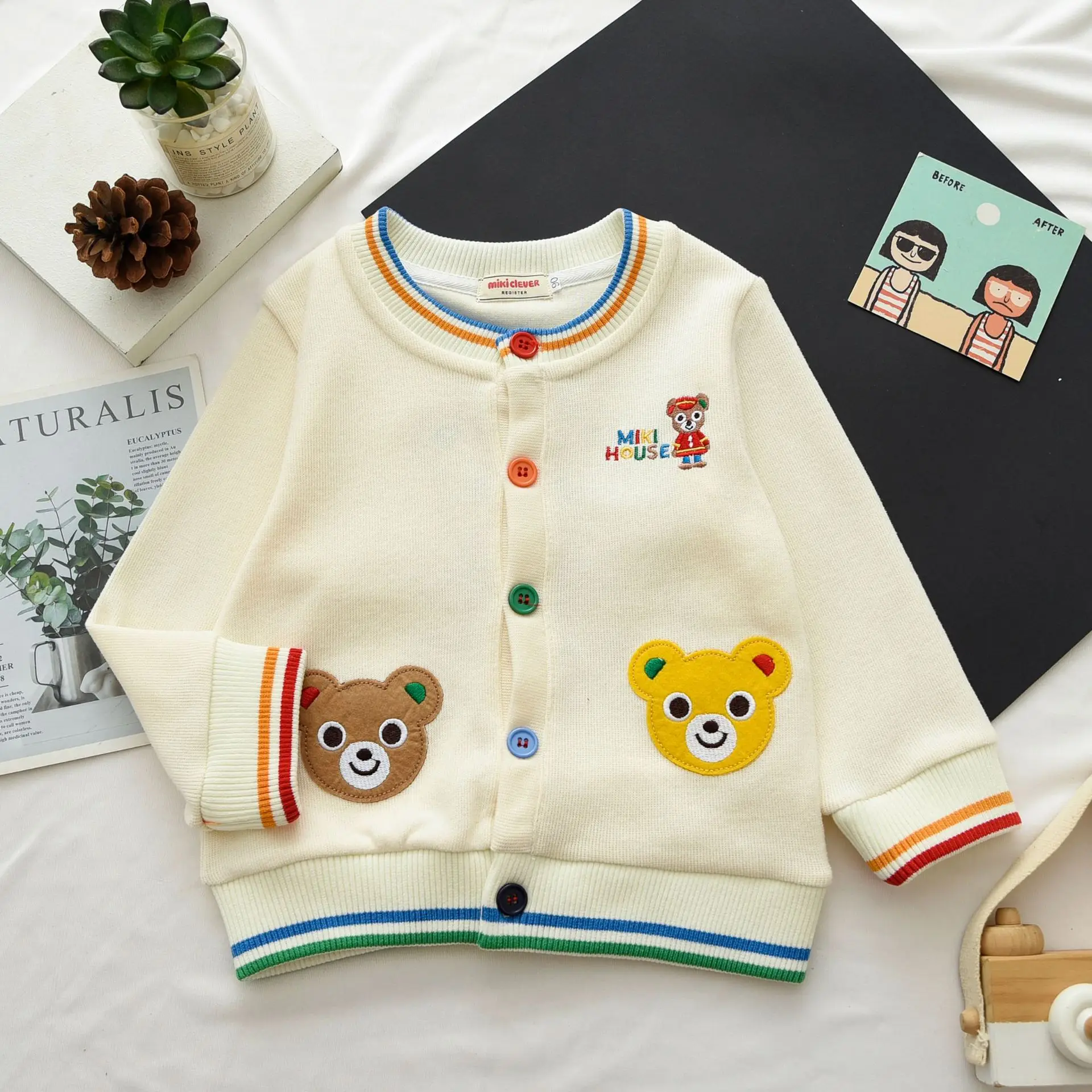 24 Autumn New Japanese Boys and Girls Cute Little Bear Color blocked Sleeve Knitted Cardigan Cartoon Casual Coat Trendy 2510