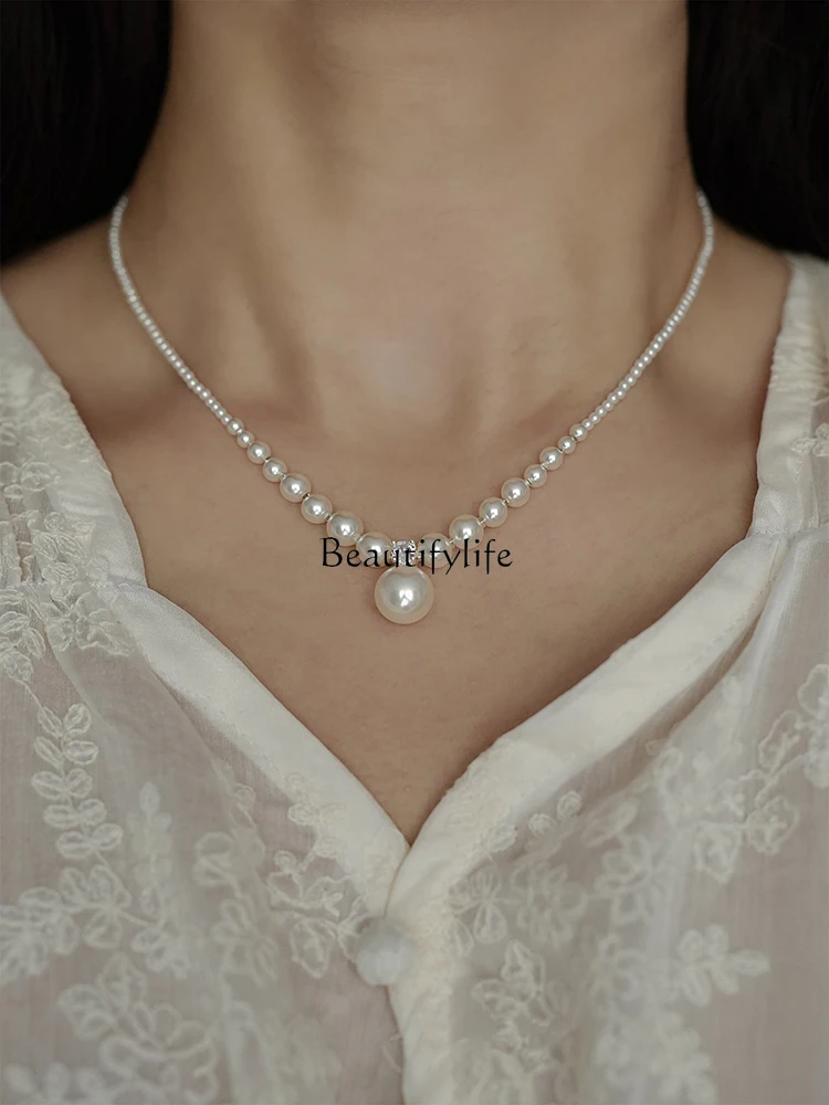 S925 sterling silver broken silver a few taels gradual change round pearl chain light luxury