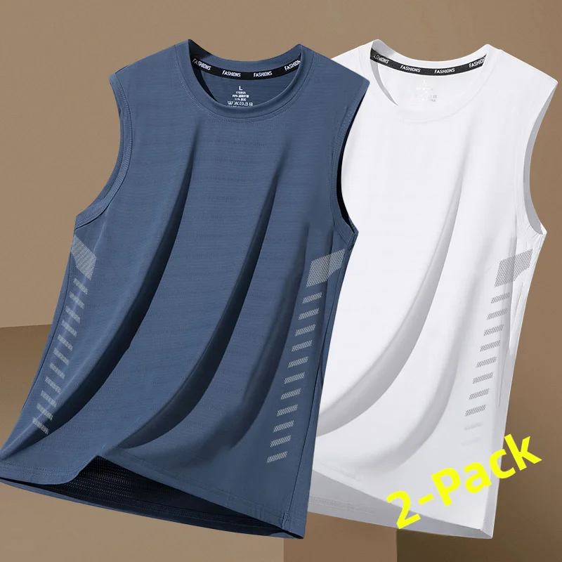 شحن سريع - سترة رجالية من الحرير الجليدي، تصميم عصري برقبة مستديرة، شبكة قابلة للتنفس، تجفيف سريع، بدون أكمام، كتف عريض، مثال...